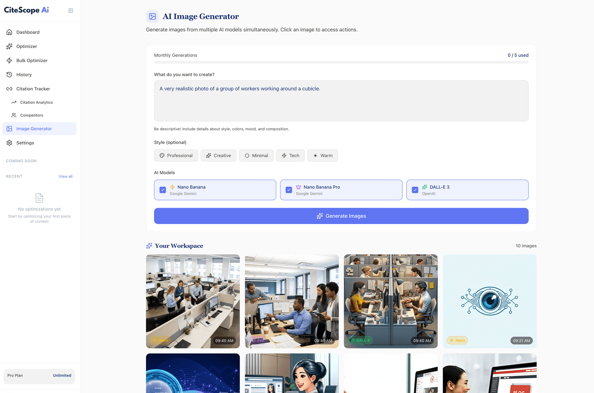 AI Image Generator workspace showing generated images with style presets and AI model selection